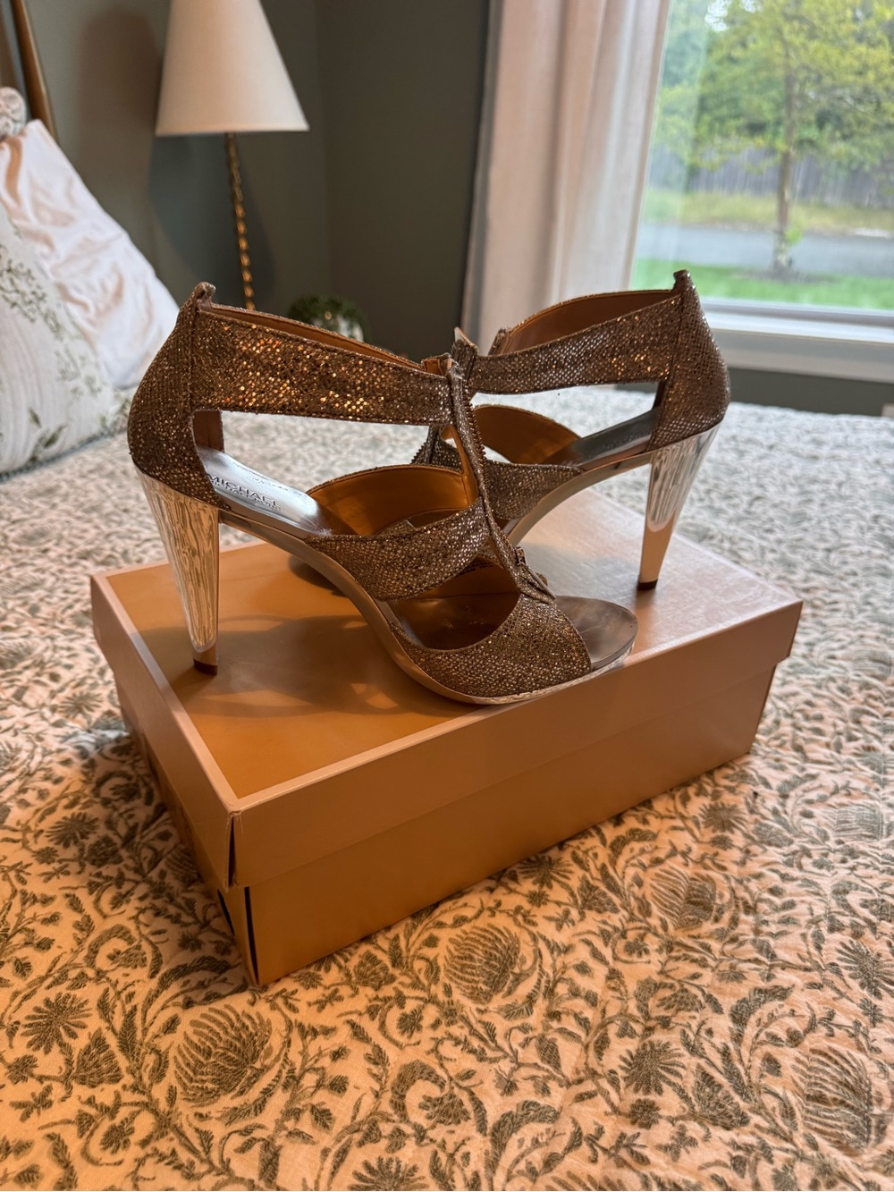 Michael Kors Silver Glitter T-Strap High Heel Sandals